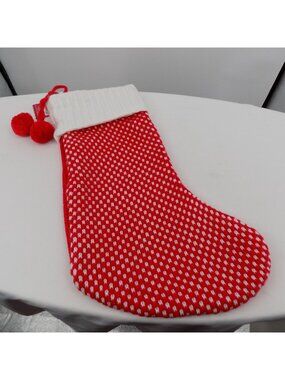Red White Patterned Knit Christmas Stocking Pom-Poms Folded Cuff Ashland